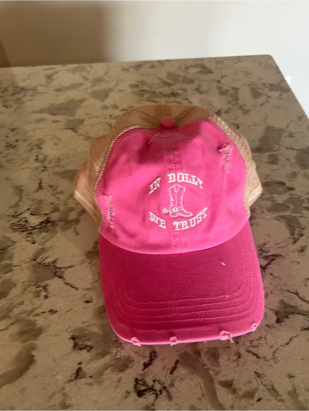 Pink Hat with "In Dolly We Trust" Embroidery
